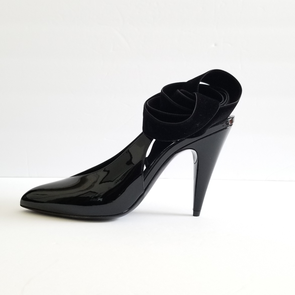 Saint Laurent Patent Leather Slingback Pointed Toe Lace Up Pumps Size 38.5 - Picture 11 of 12